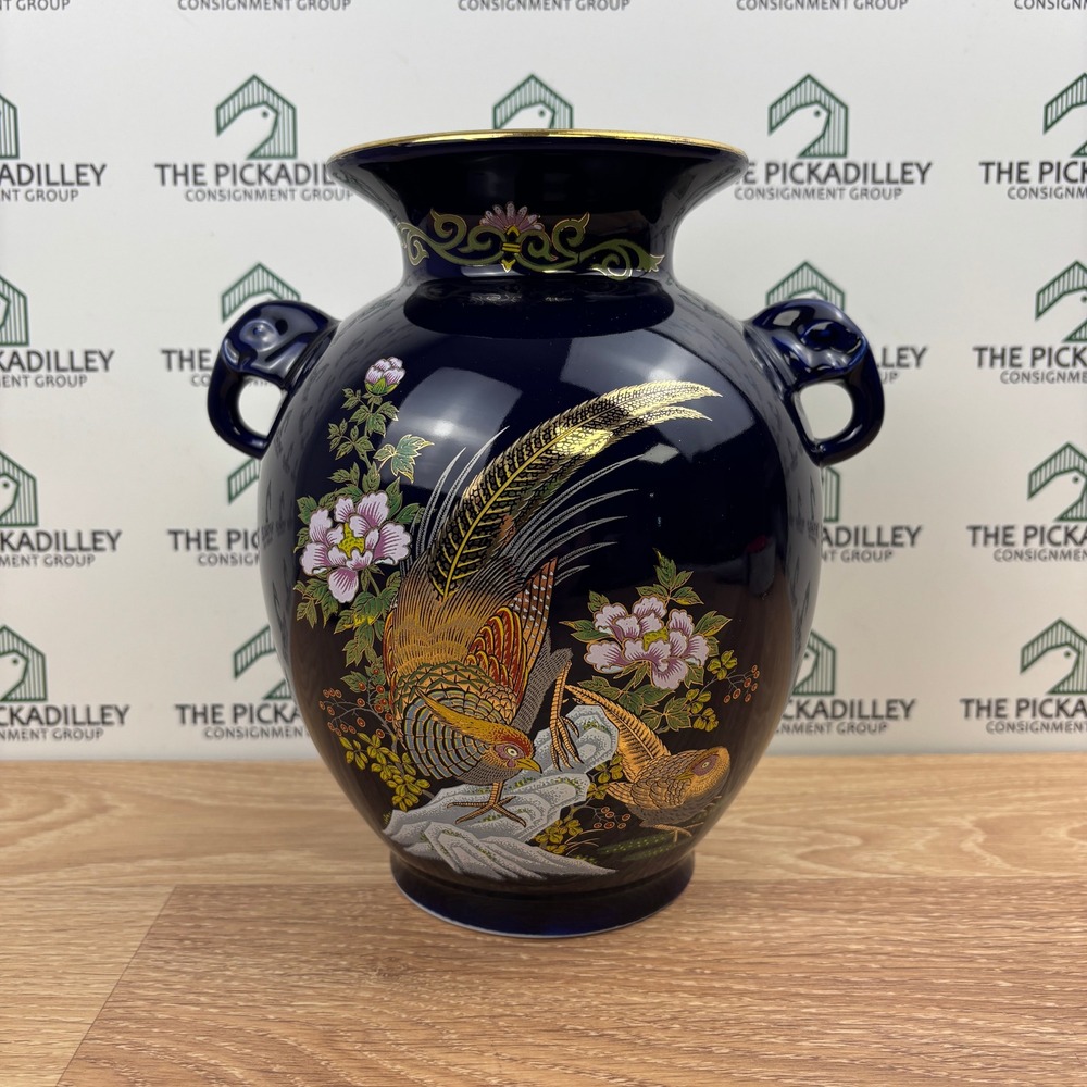 Vtg CC Japan Cobalt Blue Porcelain Vase Golden Pheasant Floral Gold Trim 8.5in